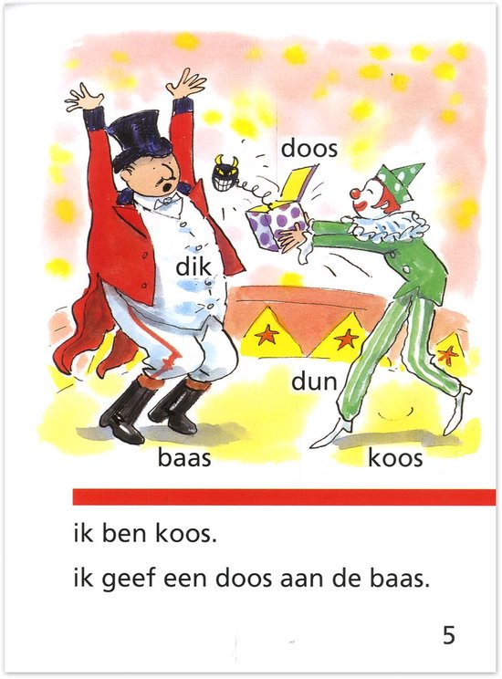 Dik, baas met hoge hoed krijgt doos van clown in groen pak.