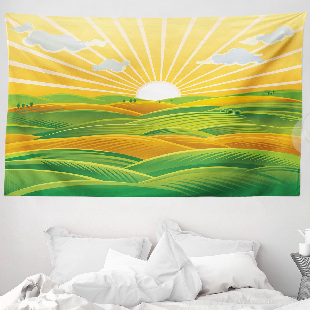 ABAKUHAUS Keltisch Groen Wandtapijt, Zonsondergang boven een vallei, 230 x 140 cm, Limegroen Amber Citroengroene amber