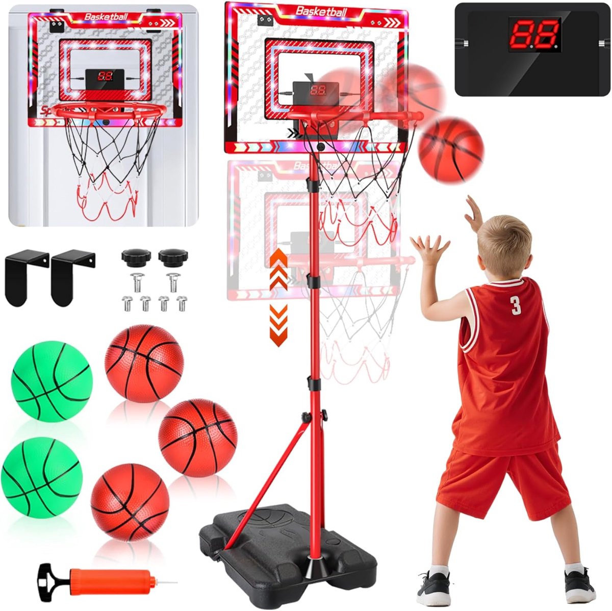 Verstelbare Basketbalkorf voor Kinderen - Indoor en Outdoor Speelgoed met 5 Ballen, Displaybord en Verlichting