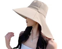 Dames Zonnehoed met Nekbescherming, UV50+ Zonwering met Brede Rand en Staartgat, Opvouwbare Zonnehoed voor Strand, Wandelen en Vissen, Maat 55-60 cm, Lichtgewicht - Beige