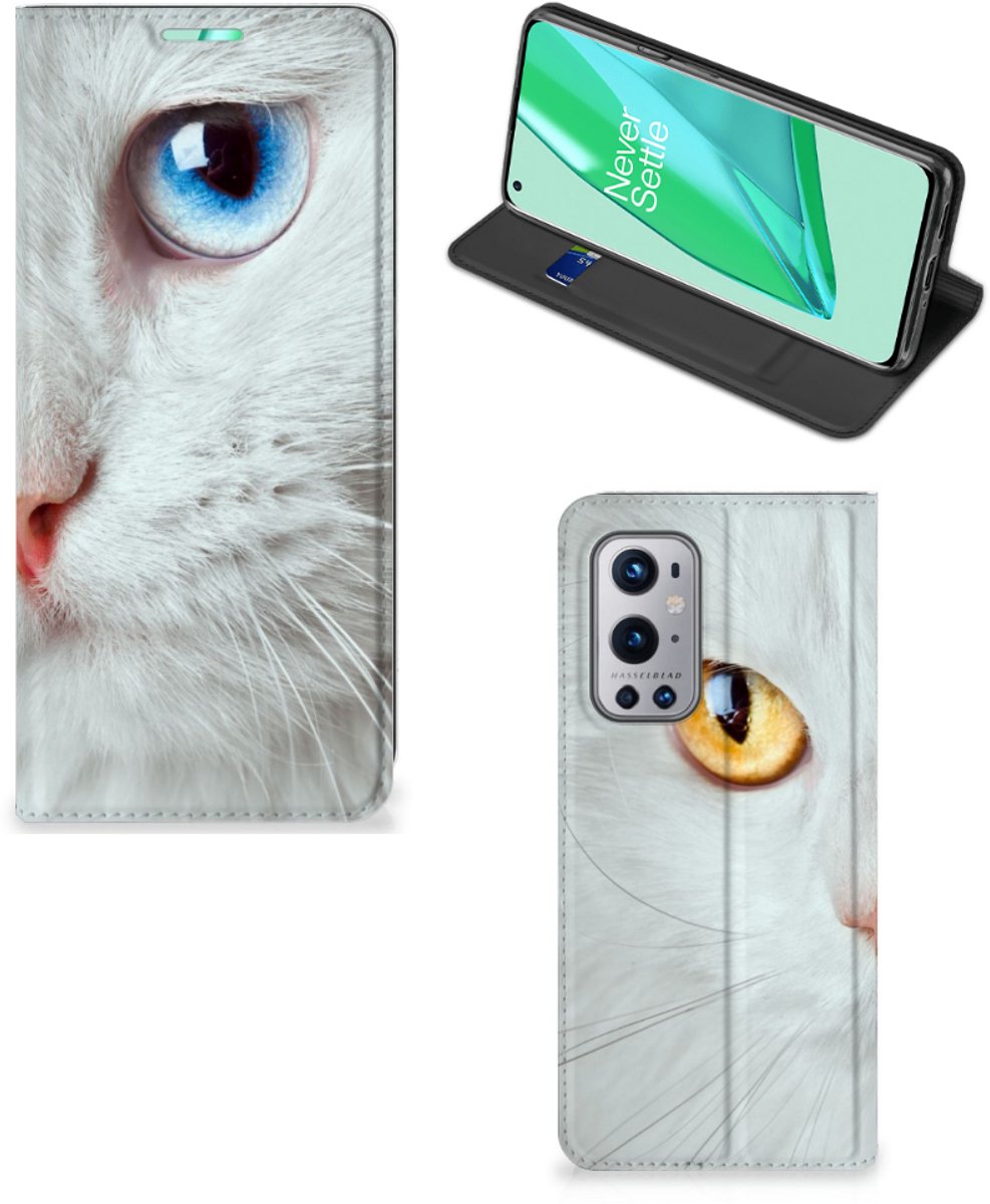 Book Case voor OnePlus 9 Pro Hoesje maken Witte Kat