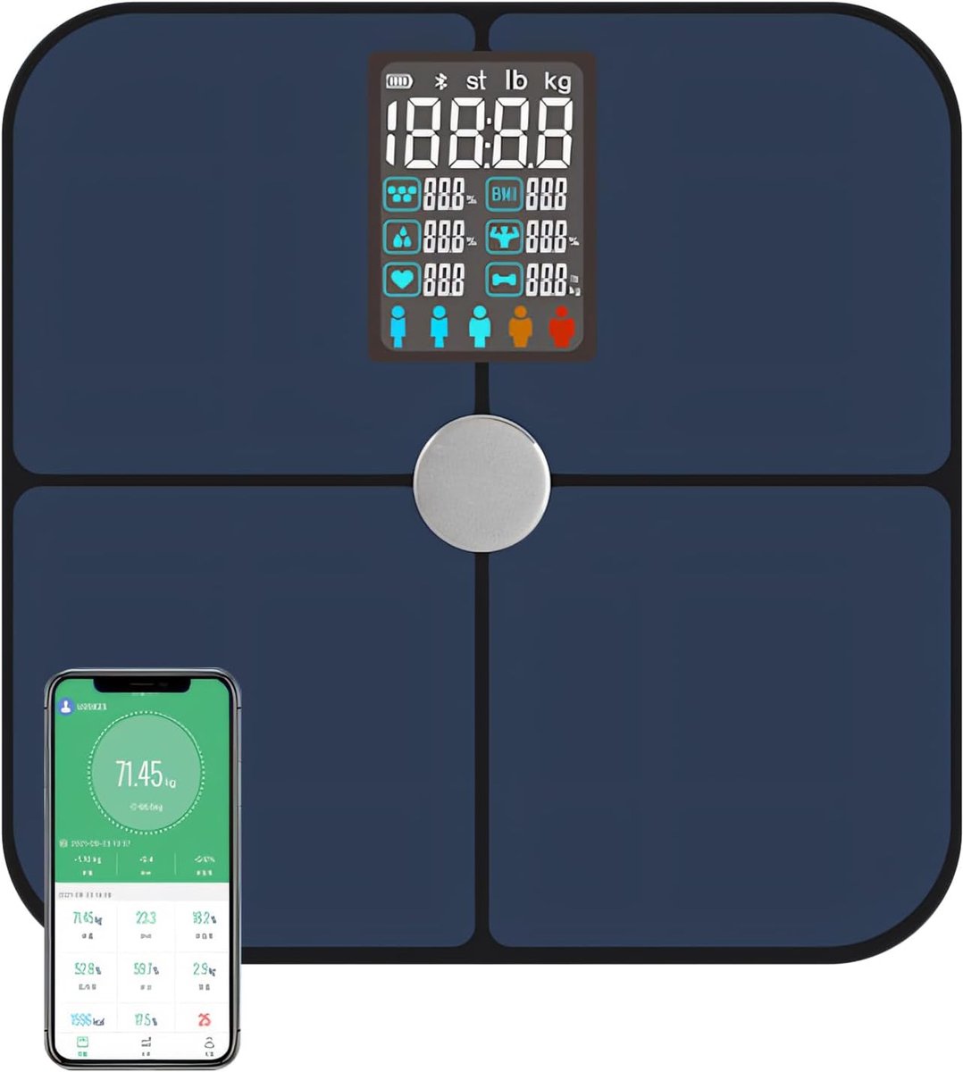 Digitale persoonlijke weegschaal met smartphone synchronisatie en groot display