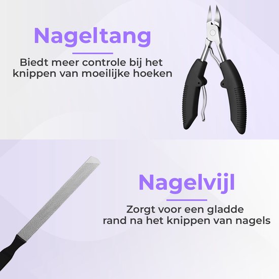 Zwarte nageltang en zilveren nagelvijl van metaal.