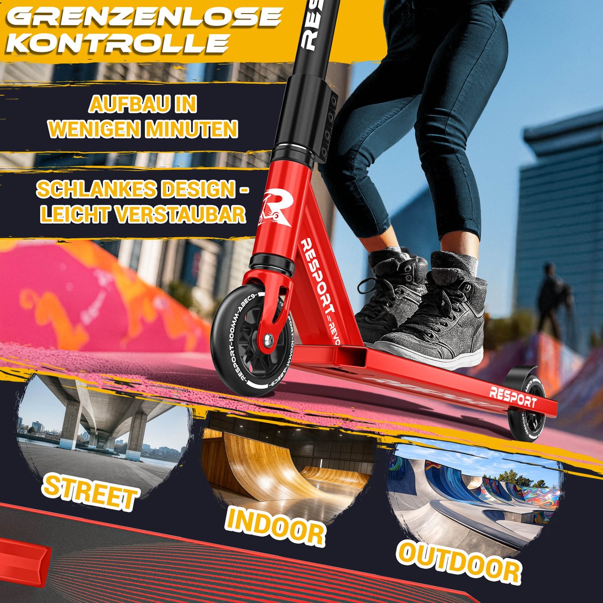 RE:SPORT Stuntstep REVO - Stuntstep voor Kinderen & Volwassenen - ABEC-9 - 100mm PU Wielen - Met Standaard - Y-Bar - Trick Scooter