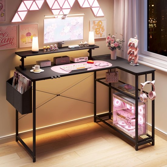 Schattig gamingbureau met koolstofvezeloppervlak en hoofdtelefoonhaak - 100 x 50 cm, zwart/roze van Merkloos — afbeelding 2