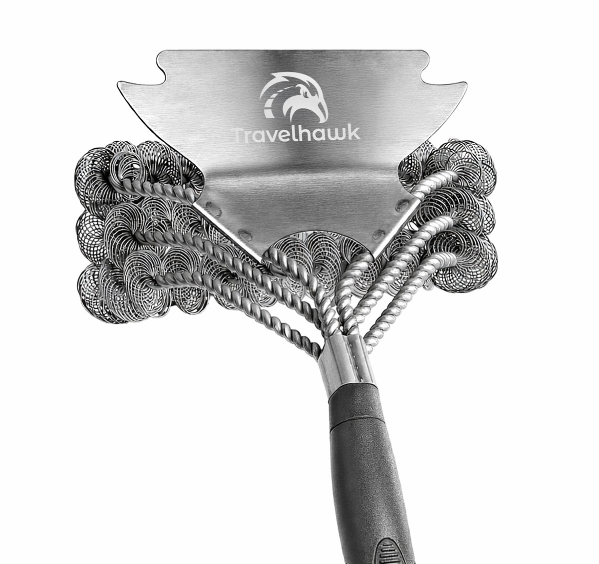 Travelhawk BBQ Borstel - Staal - Staalborstel - Reinigingsborstel - RVS Geborsteld - Barbecueborstel - Ergonomisch Handvat - Zilver