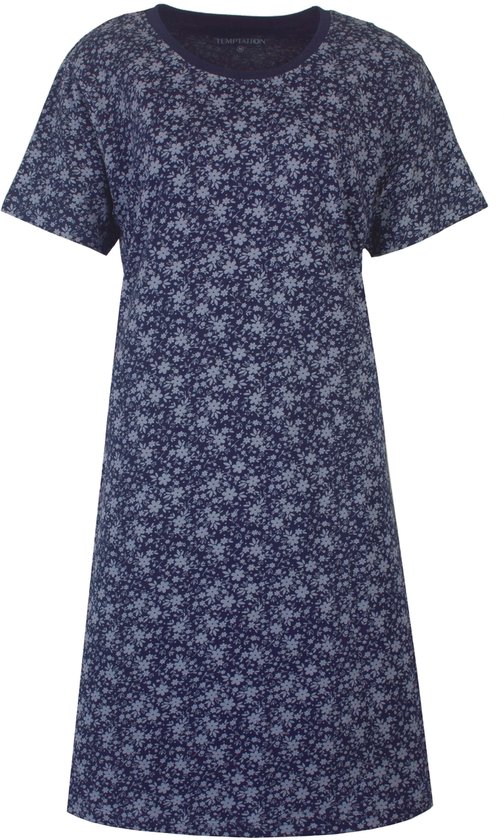 Donkerblauw nachthemd met all-over print van lichtblauwe bloemen en korte mouwen.
