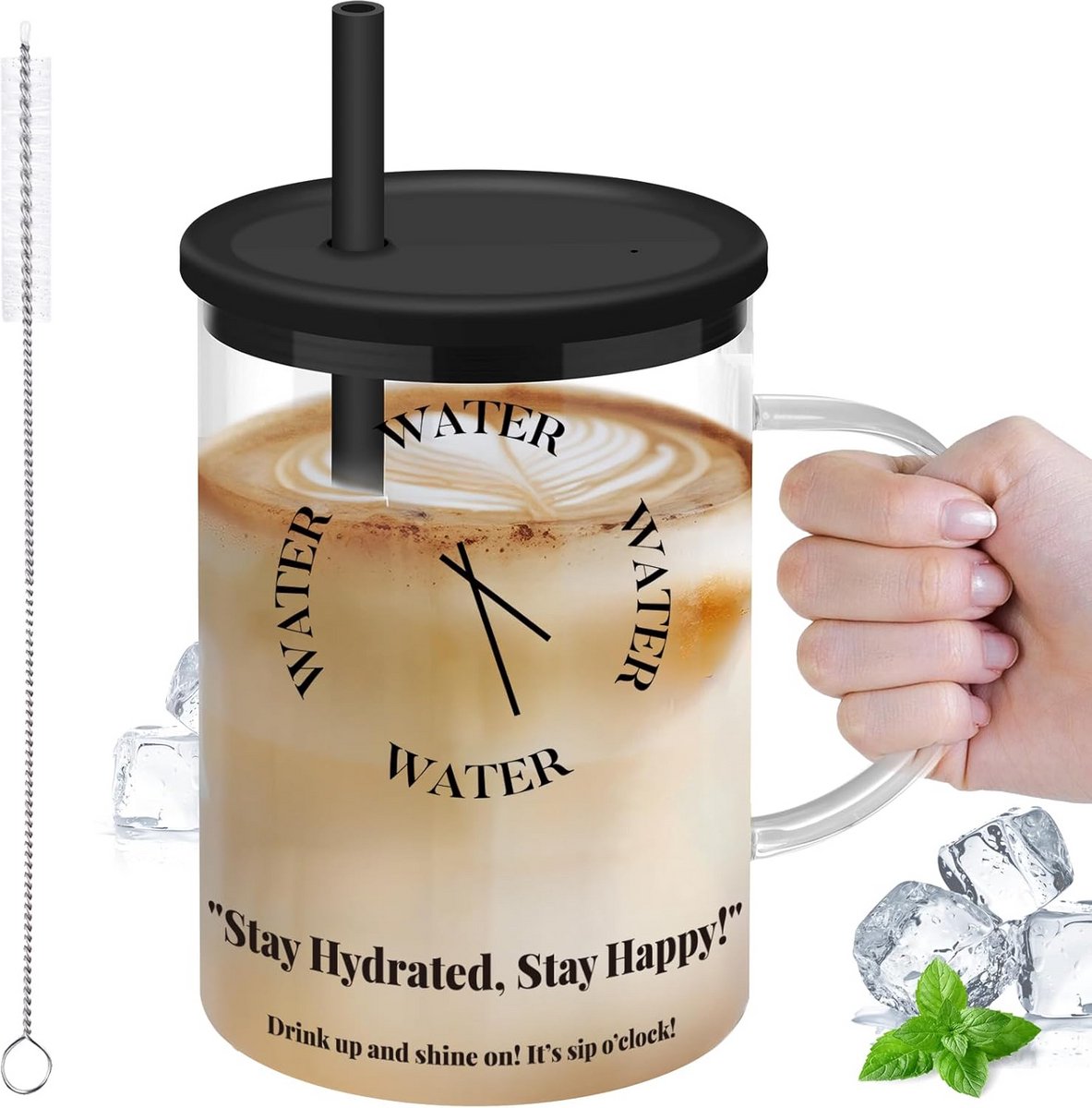 Grote Iced Coffee Beker 1 Liter met Deksel en Rietje - Glazen Drinkbeker met Handvat