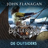 Een jongen, gekleed in historische kleding, trekt aan touwen op een langschip. De titel "BROEDERBAND BOEK 1 DE OUTSIDERS" staat centraal.