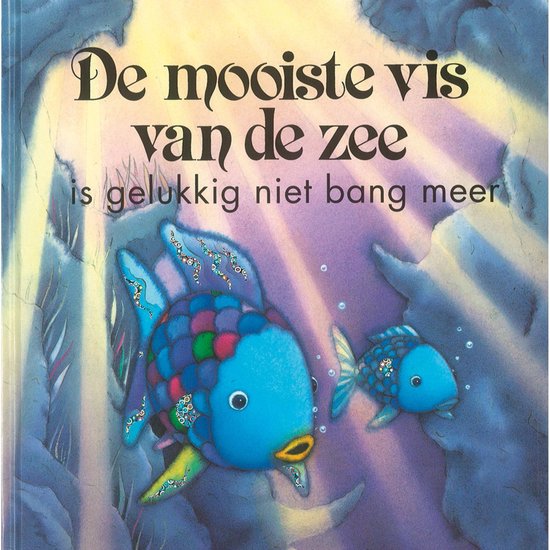 Boek kaft met twee vissen, grote blauwe vis met gekleurde schubben en kleine blauwe vis.