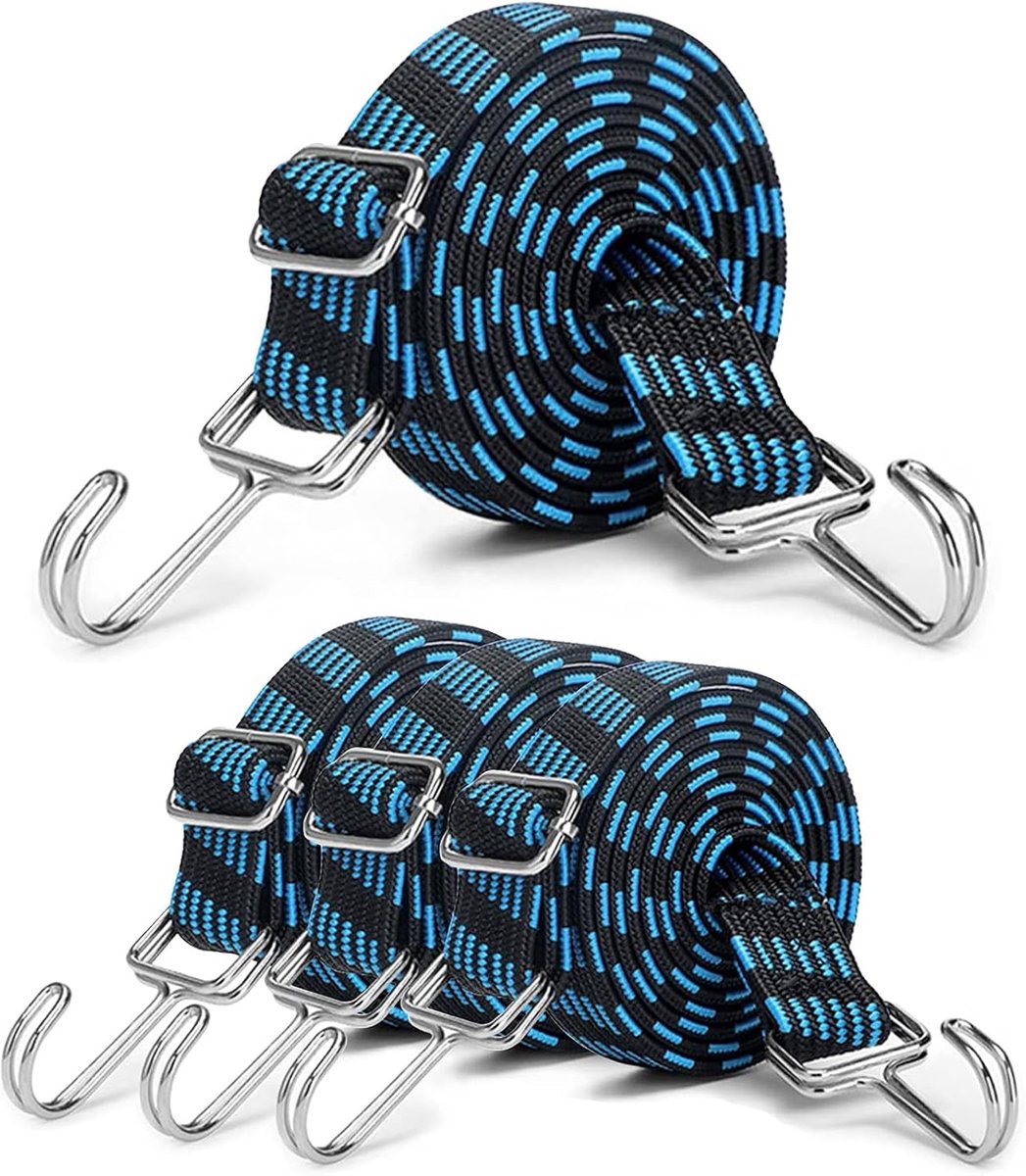 Set van 4 Brede Spanningsbanden voor Bagage - Verstelbare Elastische Rubberen Band met Haakjes - 2m voor Fietsen, Motoren en Vrachtwagens (Blauw)