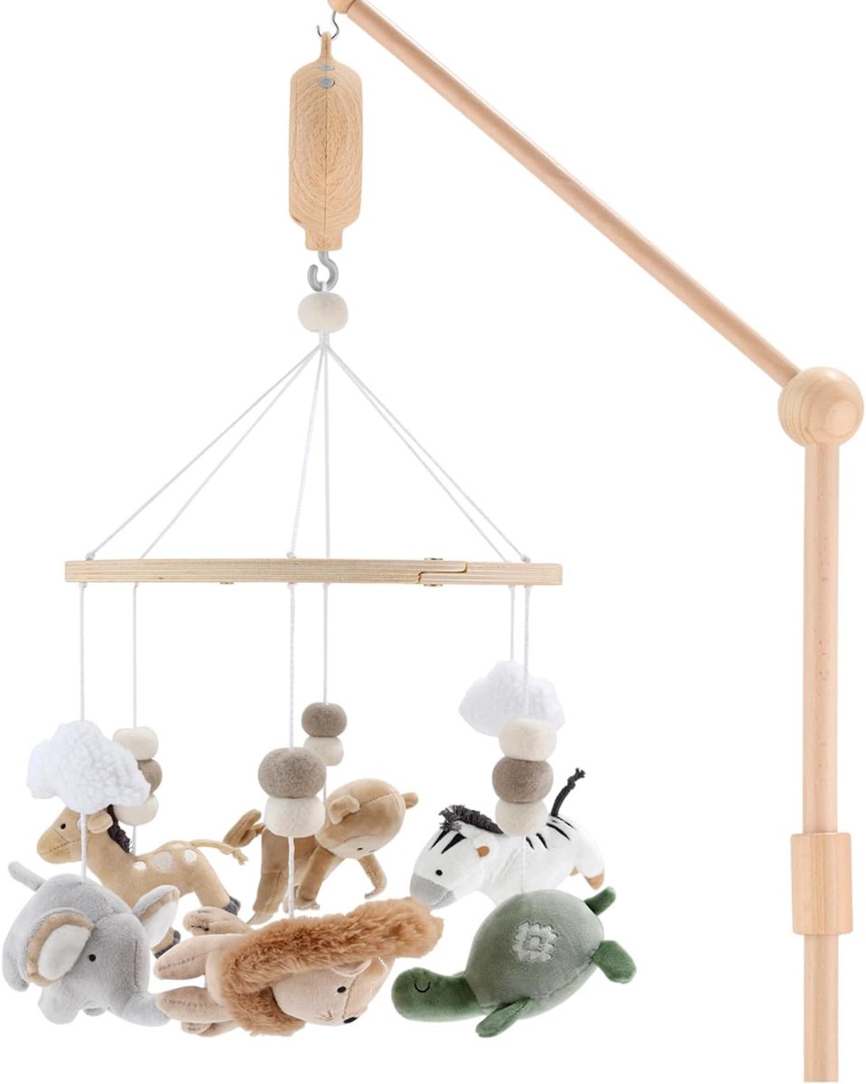Houten Muziek Mobiel voor Ledikant met Dieren Safari Thema en 12 Lullabies