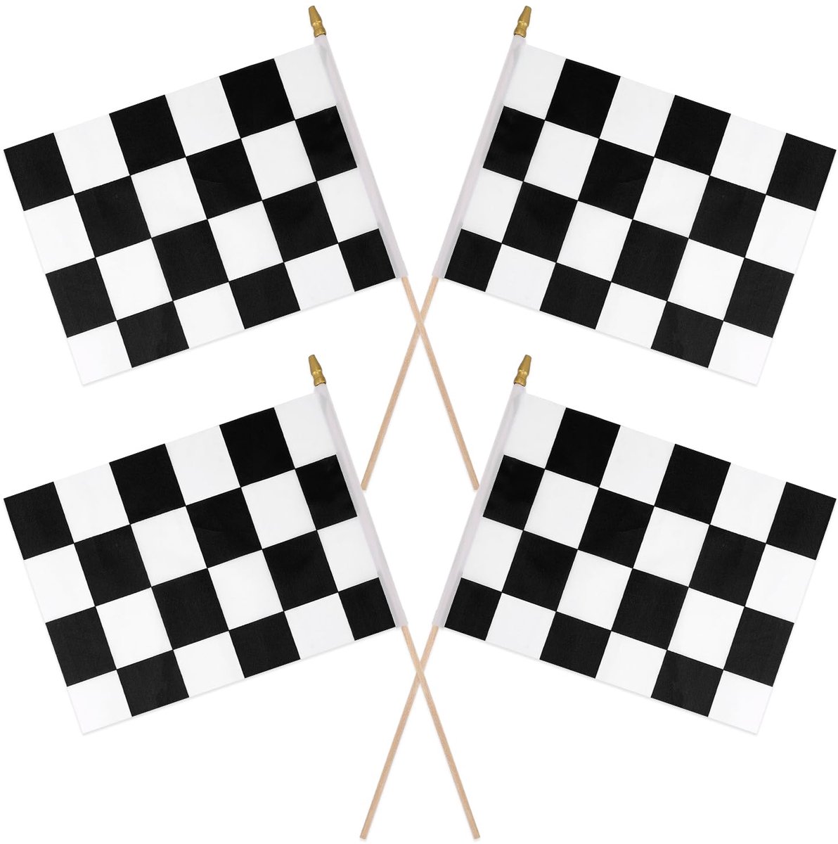 Allecta - Geblokte Vlag op Stok, Zwart en Wit - NASCAR Raceautovlag - Kinderverjaardag Themafeest - Herbruikbaar - 20x28 cm - Set van 4