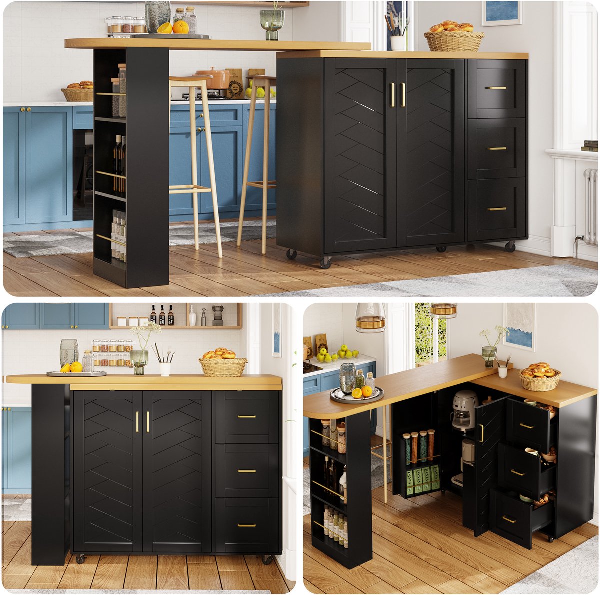 Clruro Uitschuifbare Barwagen 135-228x39x104 cm Zwart Mobiele Bar Kast met 2 Deuren 3 Lades MDF Metaal Keuken Eiland Bartafel met Houtlook Werkblad