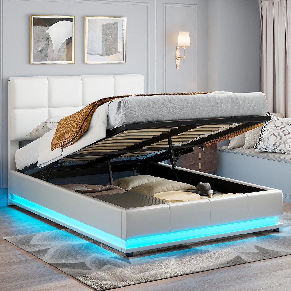 Gestoffeerd Opbergbed – Opbergbedframe – Zwevend Bed – Slaapbank – Ladebed – Wit – 140x200 cm – Stevig MDF Metalen Frame – 35 cm Opbergruimte Onder Matras