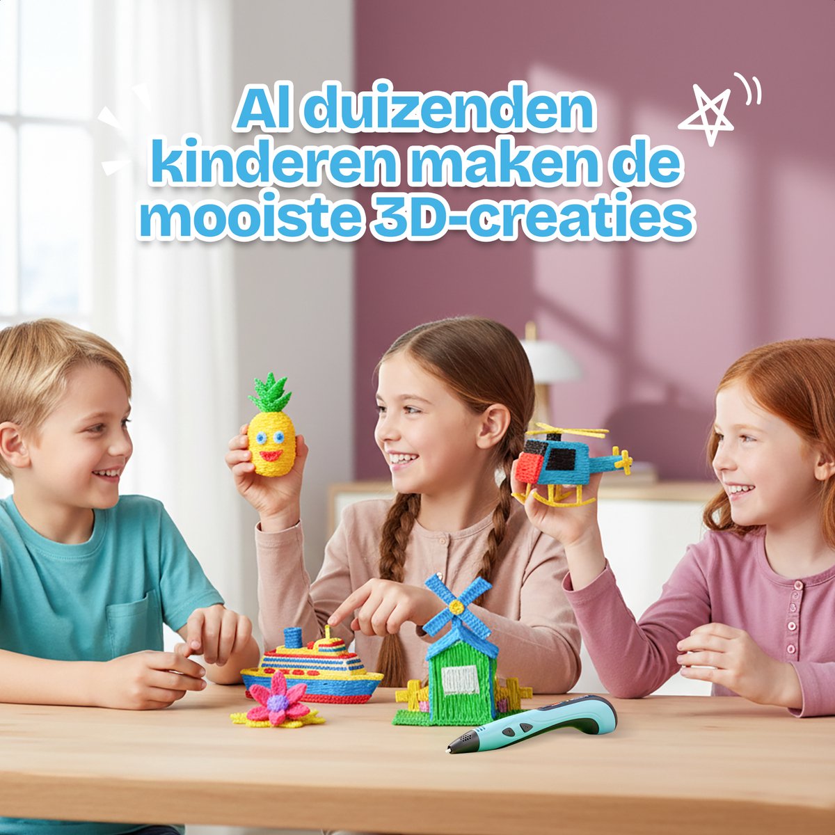 TinyPlay 3D Pen Starterspakket XXL – 3D tekenen - 100m Vullingen PLA Filament 1.75 mm – 3d pennen tekenset - Voor kinderen - Sjablonen boek - Opbergcase en tekenmat – Blauw — afbeelding 6