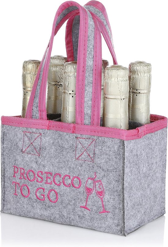 Flessentas voor Prosecco - Tas voor 6 Flessen met Draaglussen - Grijs met Roze Opdruk — afbeelding 2