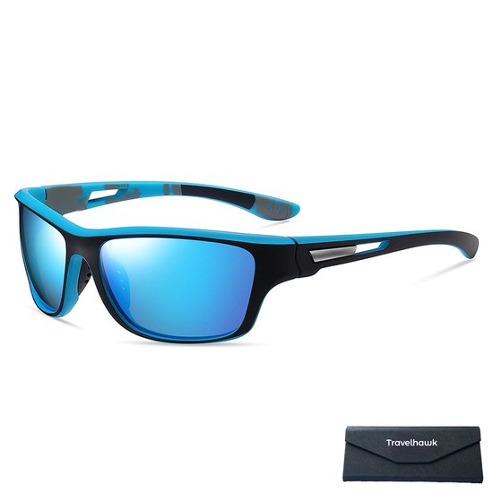 Blauwe en zwarte sportzonnebril met blauwe spiegelende glazen, inclusief brillenkoker.