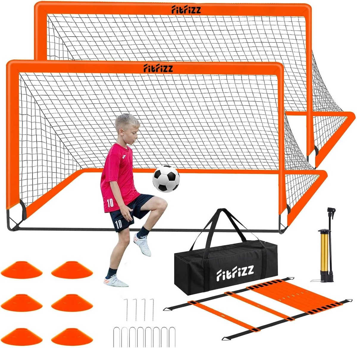 Draagbaar Voetbaldoel voor Achtertuin - Pop-up Netset 1,8 x 1,2 m met Kegels en Ladder