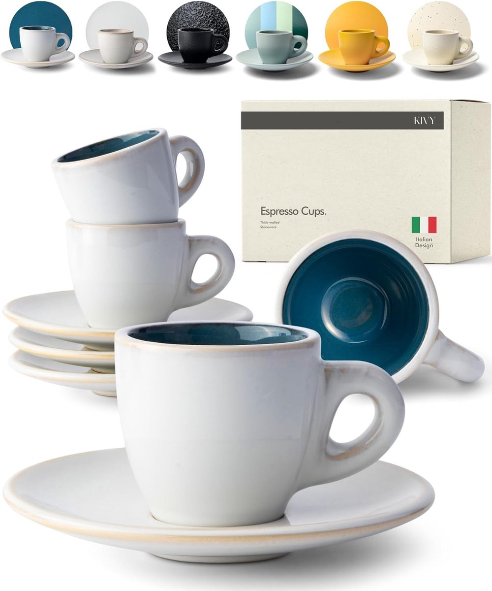Set van 4 Handgemaakte Espresso Kopjes 75 ml met Schotels - Keramiek, Blauw