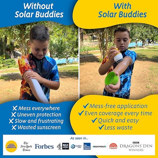 Jongen brengt zonnebrand aan met Solar Buddies applicator voor rommelvrije, egale bescherming, vergeleken met traditioneel aanbrengen.