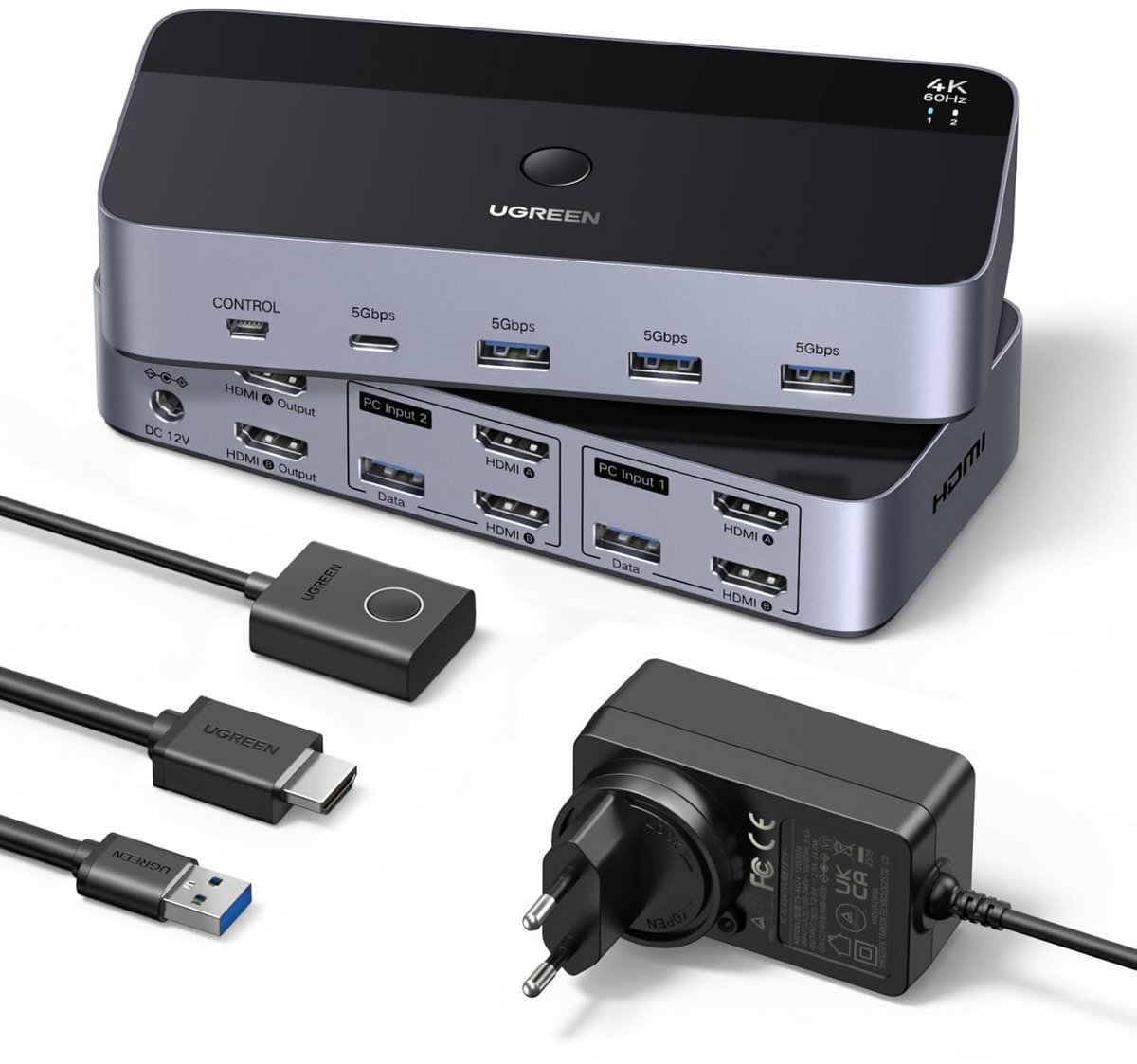 HDMI 2.0 KVM Switch voor 2 PC's en 2 Monitoren - 4K 60Hz, met 4 USB 3.0 Poorten