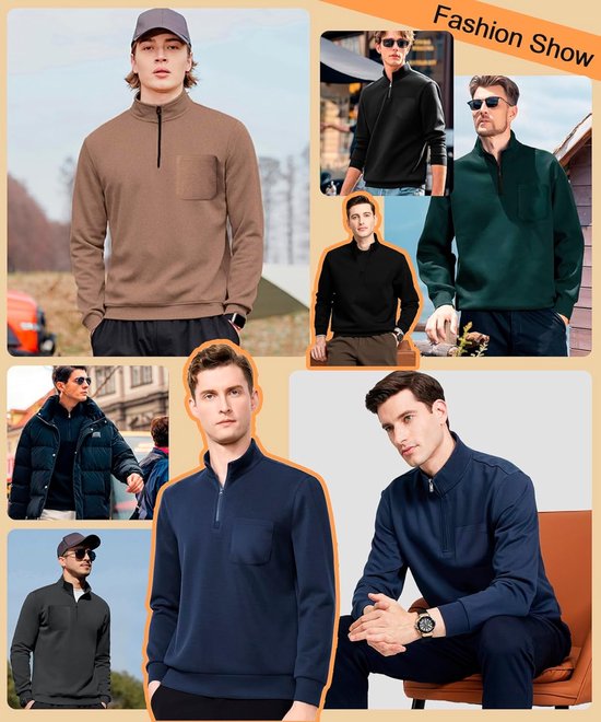 Modellen tonen fleece sweatshirts met kwart rits, opstaande kraag en borstzak in diverse kleuren voor de modeshow.