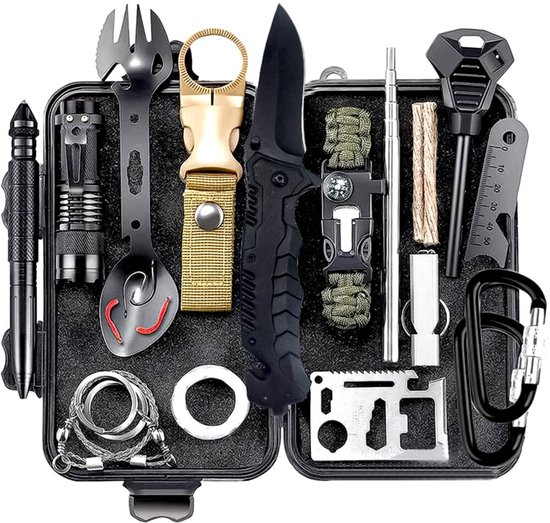 Survival Kit Outdoor XL – 18-in-1 Noodpakket – Inclusief Zakmes, Multitool, Zaklamp & Nooddeken