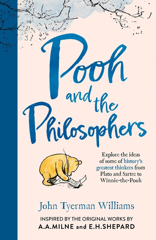 Boekhoes met blauwe titel 'Pooh and the Philosophers' en een illustratie van Winnie de Poeh die over een boek buigt.