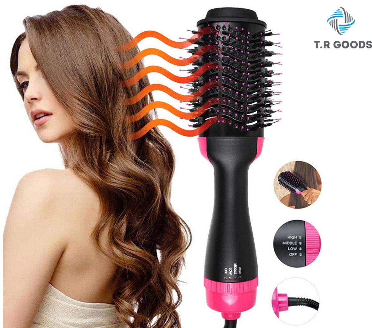 T.R Goods 4-in-1 Föhnborstel – Heteluchtborstel 1000W – Stijlborstel & Krultang – 3 Warmtestanden – Zwart/Roze