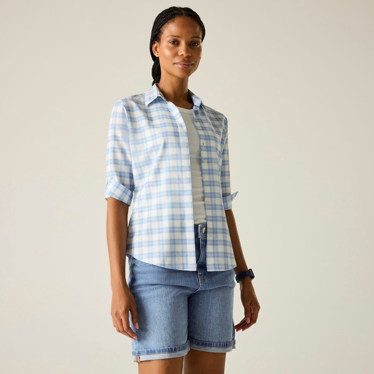Dames Keralin overhemd met 3/4 mouwen en ruitpatroon Blauw