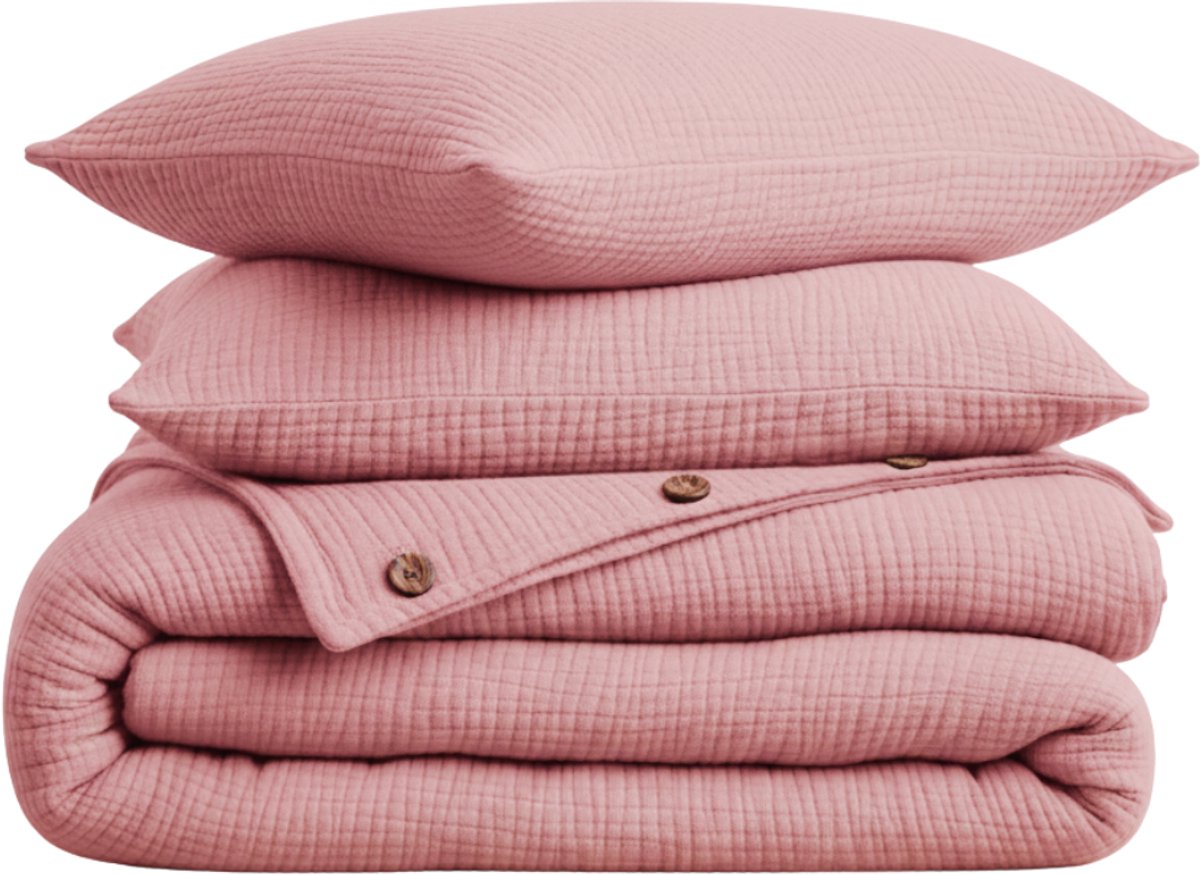 Dekbedovertrek, 4-laags Mousseline, 100% Katoen, Tweepersoons, 200x220 cm, Inclusief Hoeslaken & 2 stuks Kussenslopen 60x70 cm, Roze, Knoppen van Kokosnoot, Ademend & Comfortabel, Dekbedovertrekset, Hoge Kwaliteit, Dekbedovertrekken, De Linde Home