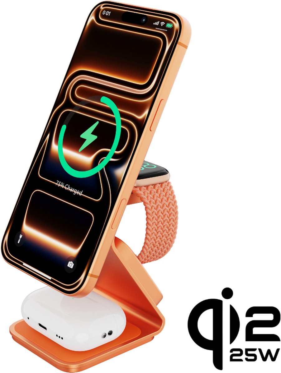 Cubenest 3-in-1 SQ314 - Qi2.2 aluminium draadloze oplader - compatibel met Magsafe - draadloze oplader voor Apple Watch, AirPods, iPhone 12- 17 (Alle modellen) - Qi2.2-apparaten - totaal vermogen 35 W - Oranje