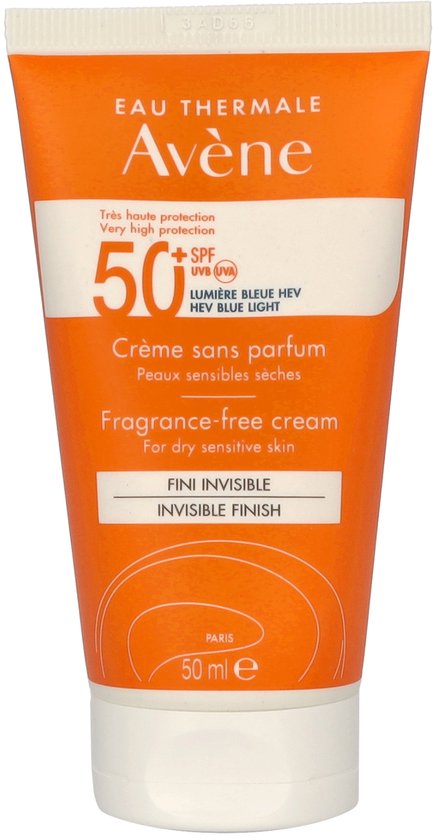 Avène zonnebrandcrème 50ml, oranje tube, "Crème sans parfum, Pieles sensibles sèches" en "Invisible finish".