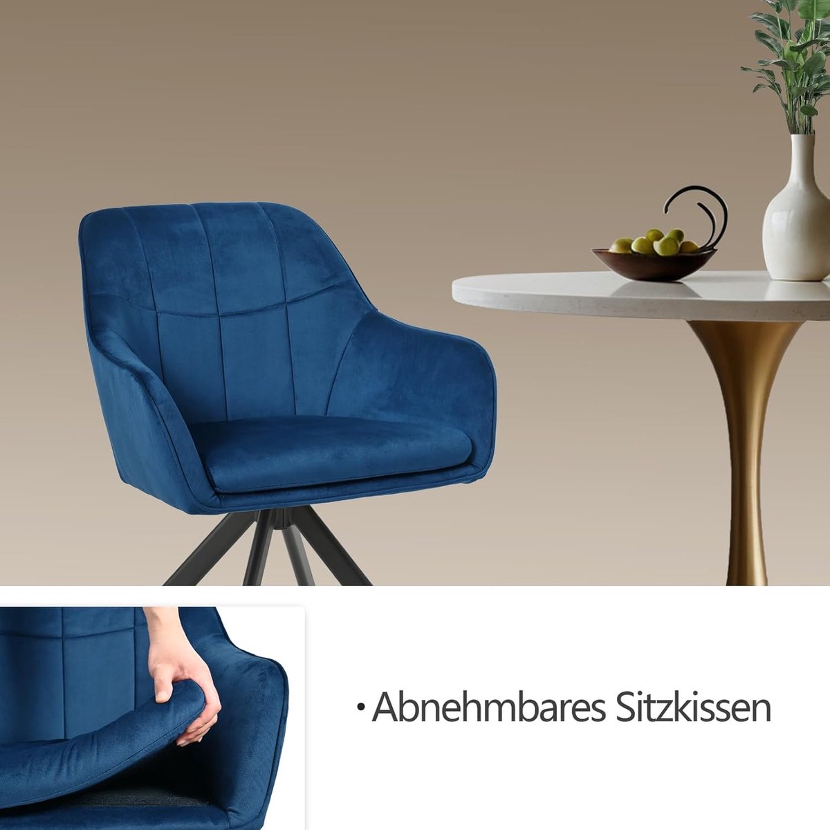 Draaibare eetkamerstoel set van 2 – 52,4 x 52,5 x 83 cm – Beige polyester met armleuningen en metalen poten – Ergonomisch & 360° draaibaar – Pauwhome