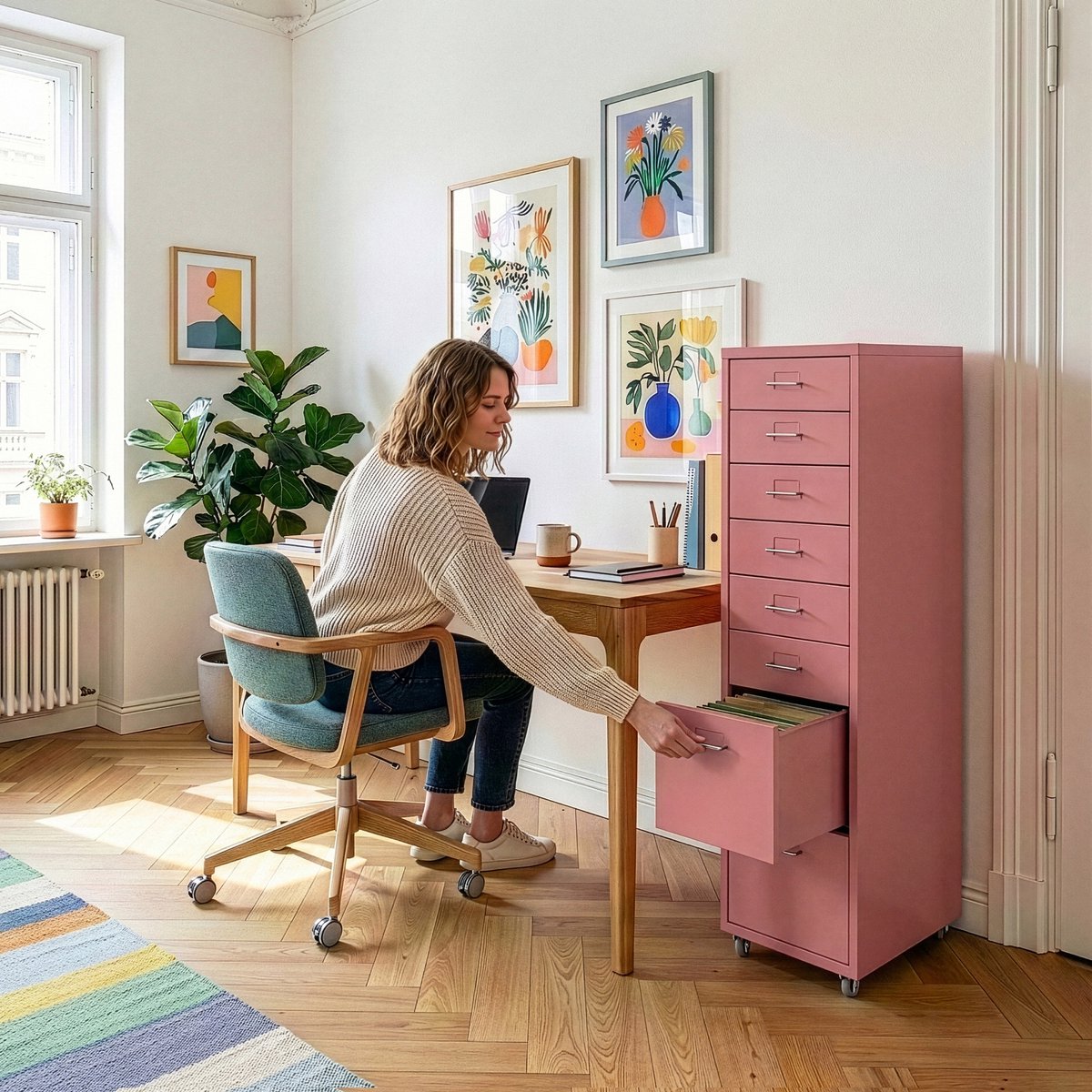 Kantoorkast Kökar op wielen 109x28x41 cm roze [en.casa]