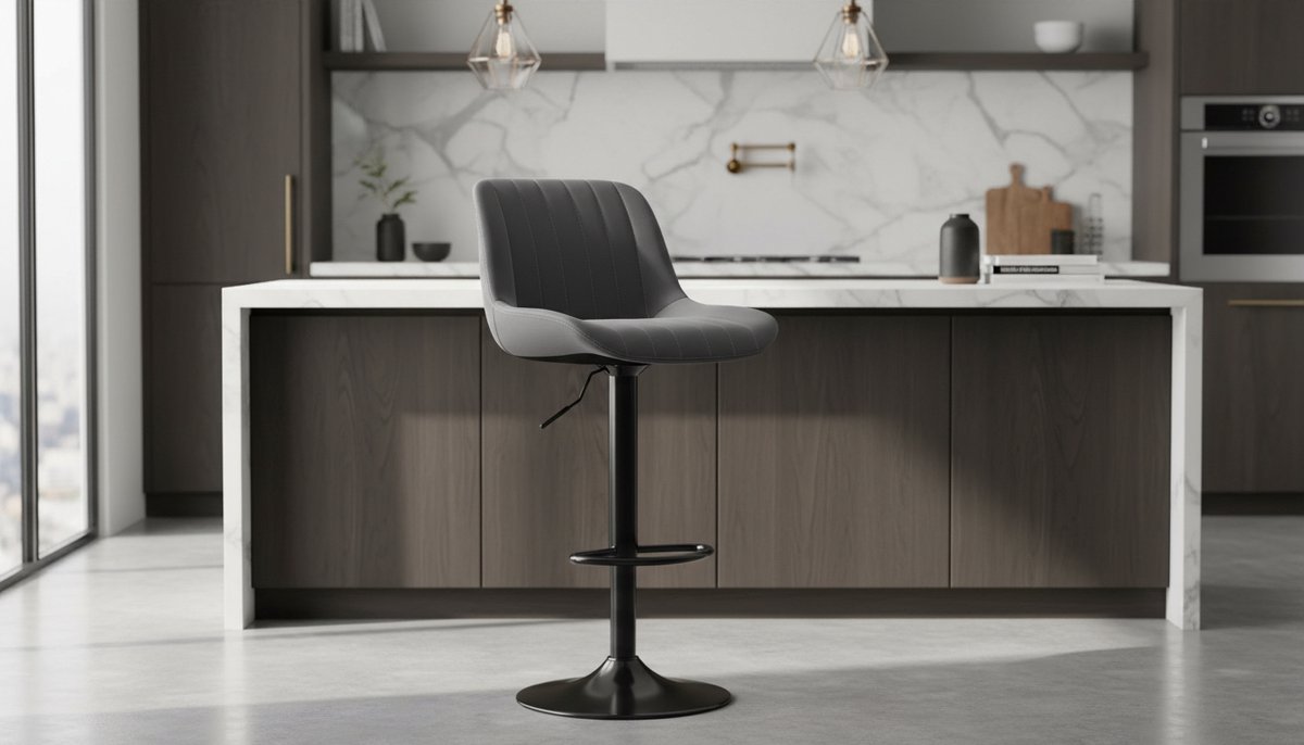 Barkruk Modern House&Garden – Draaibare, Verstelbare Barstoel met Rugleuning van PU-Kunstleer – Donkergrijs, Hoogwaardige Keukenkruk voor Bar, Eiland, Restaurant en Café