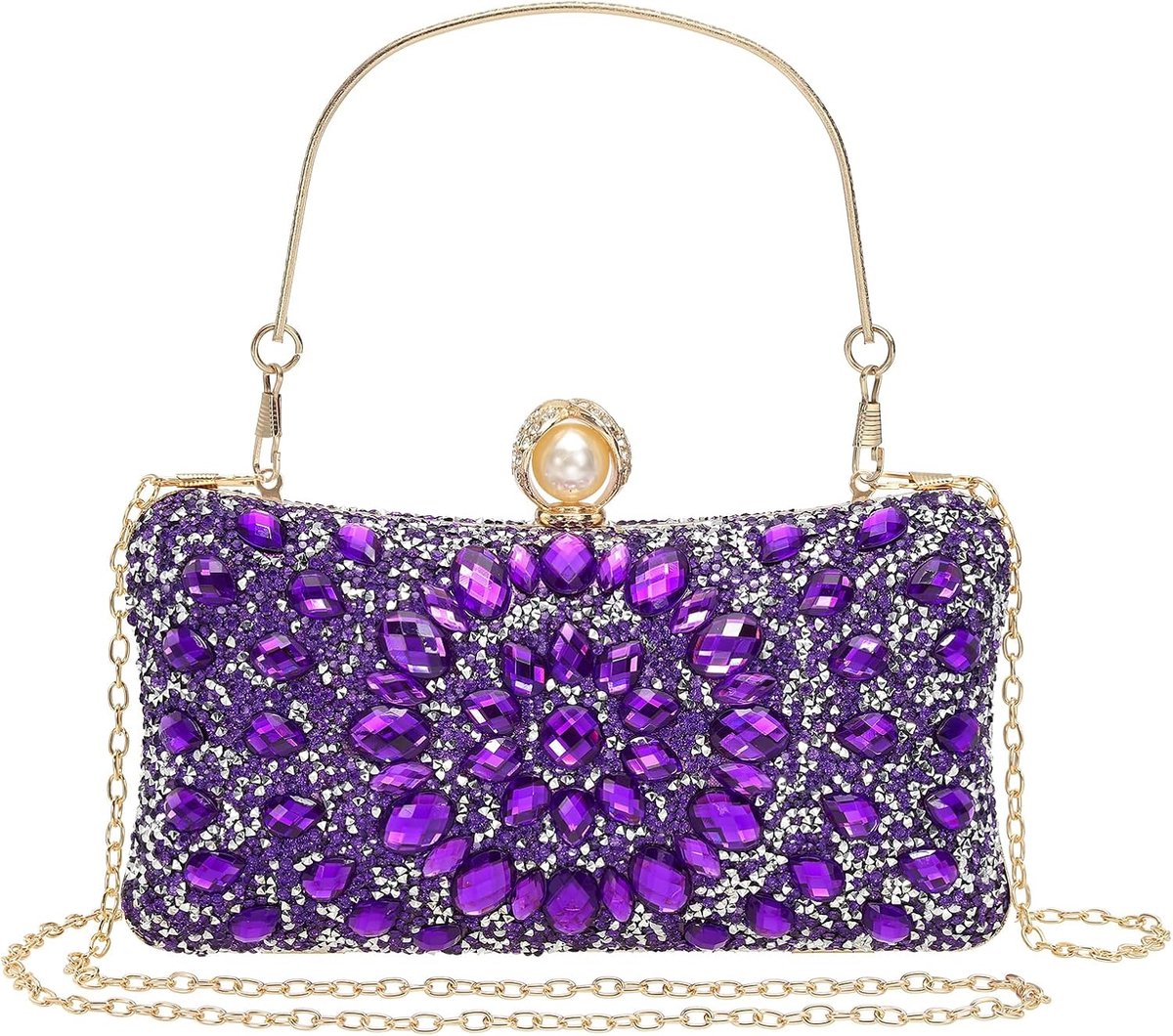Fonkelende kristallen strass clutch handtas met 2 kettingriemen voor bruiloft - Feestelijk avondtasje in lila tint voor dames - Elegant accessoire voor avondje uit