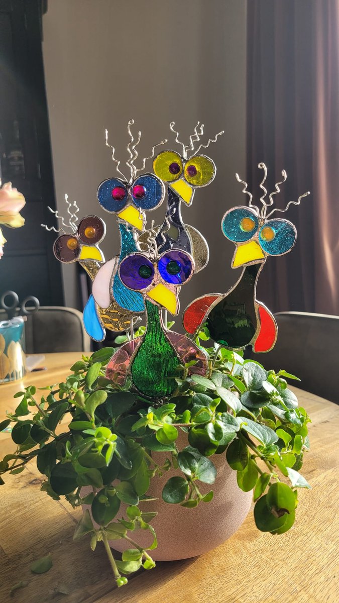 MM deco plantensteker crazy bird - 1 willekeurige kleurstelling -7x20 cm - glas en metaal handgemaakt uniek
