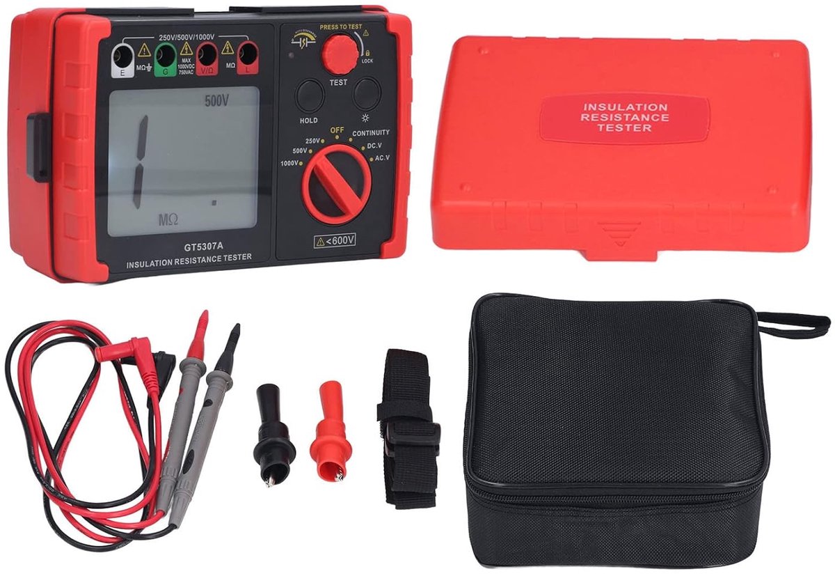 Digitale Aardingstester - Isolatieweerstandsmeter - Elektrisch Inspecteren - Data Hold Functie - 250V 500V 1000V - Rood