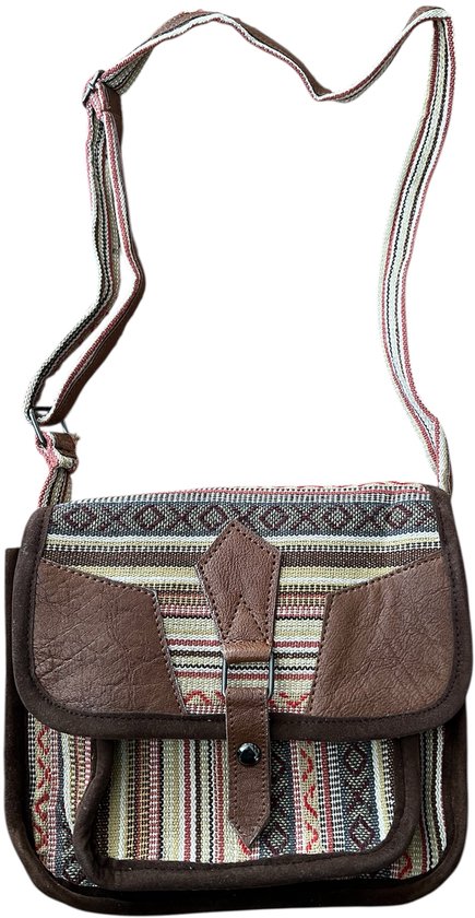 Sac à bandoulière - coton avec cuir - urbain - sac - Népal - couleur teintes naturelles 2