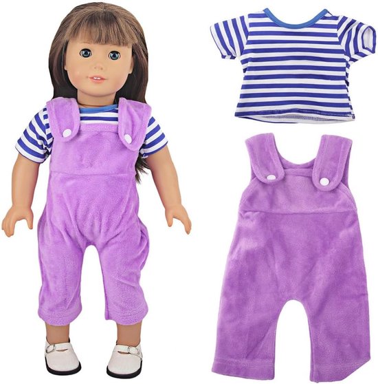 Poppenkleding Set - Poppenkleding Accessoires - Poppen Aankleden - Twee Delig Ontwerp - 46cm Poppen - Paars Gestreept — afbeelding 2
