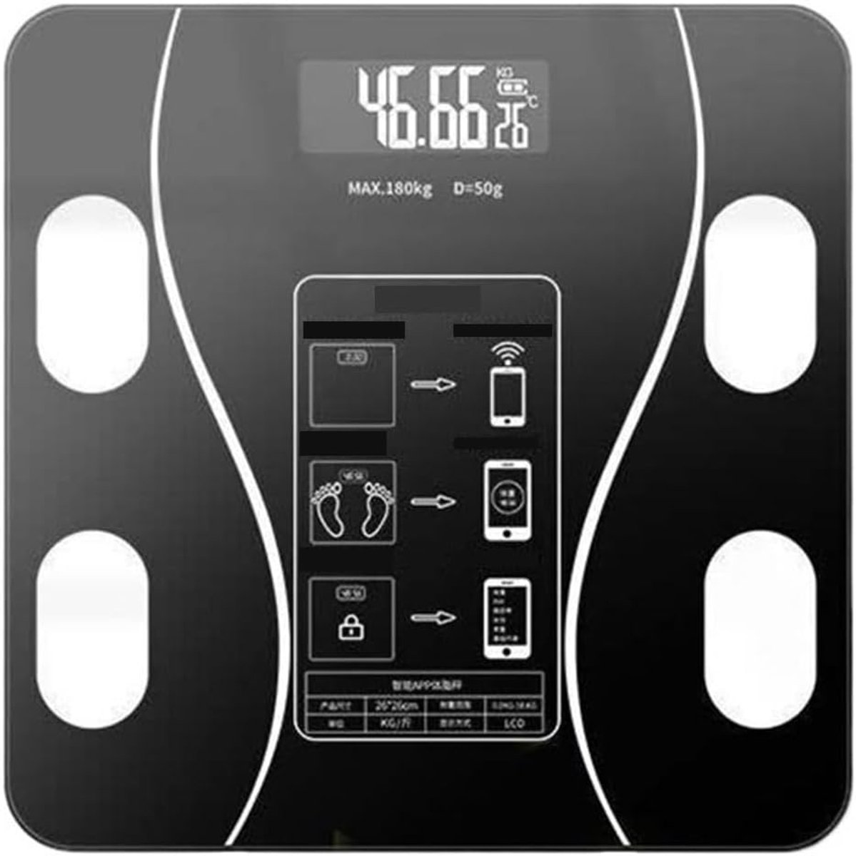 Digitale Badkamerweegschaal - Lichaamsanalyse Weegschaal - Gezondheid Monitoren - Oplaadbaar Bluetooth Connectie - 26x26x3cm - Zwart