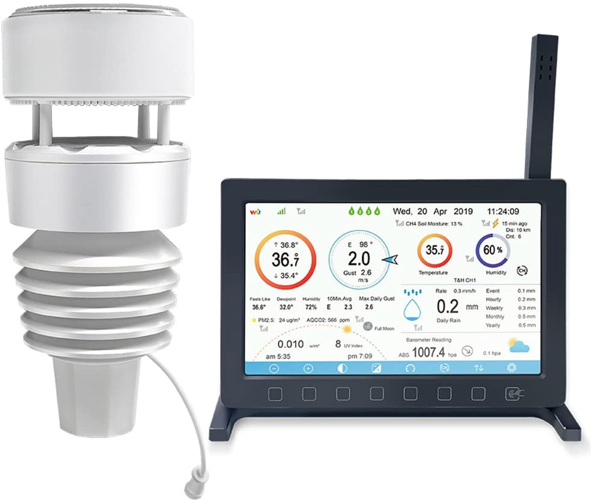 Draadloos Weerstation - Weercomputer Buiten - Weergegevens Meten - 7-in-1 Sensor - WiFi Internet