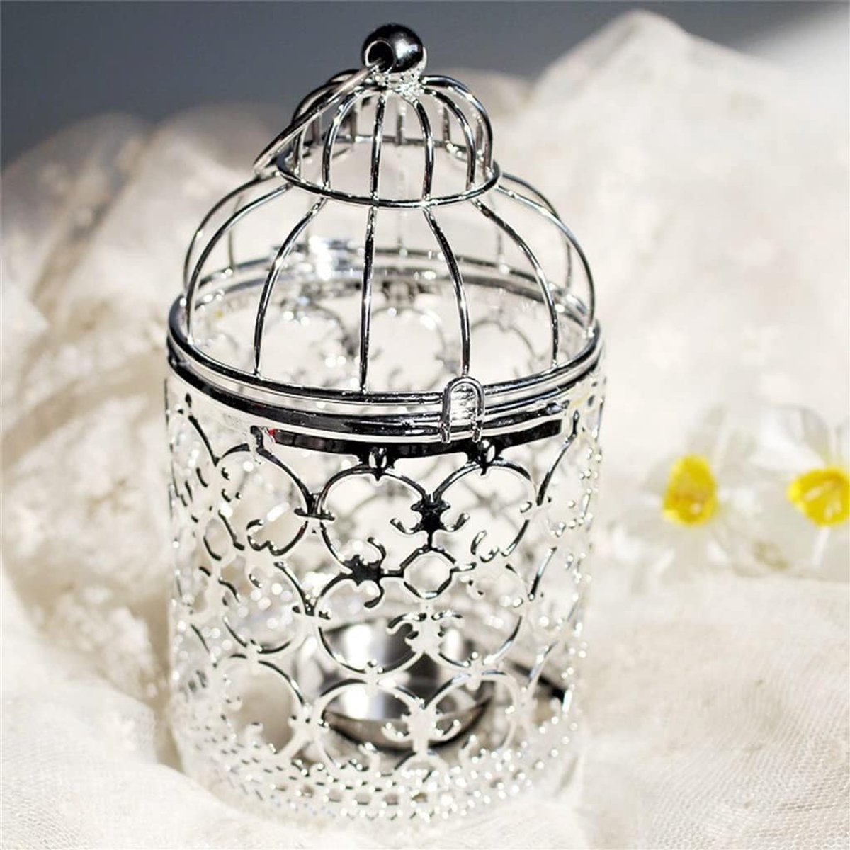 Hangende Kandelaar - Vogelkooi Decoratie - Romantische Sfeer - Hol Design - 8x8x14 cm - Zilver