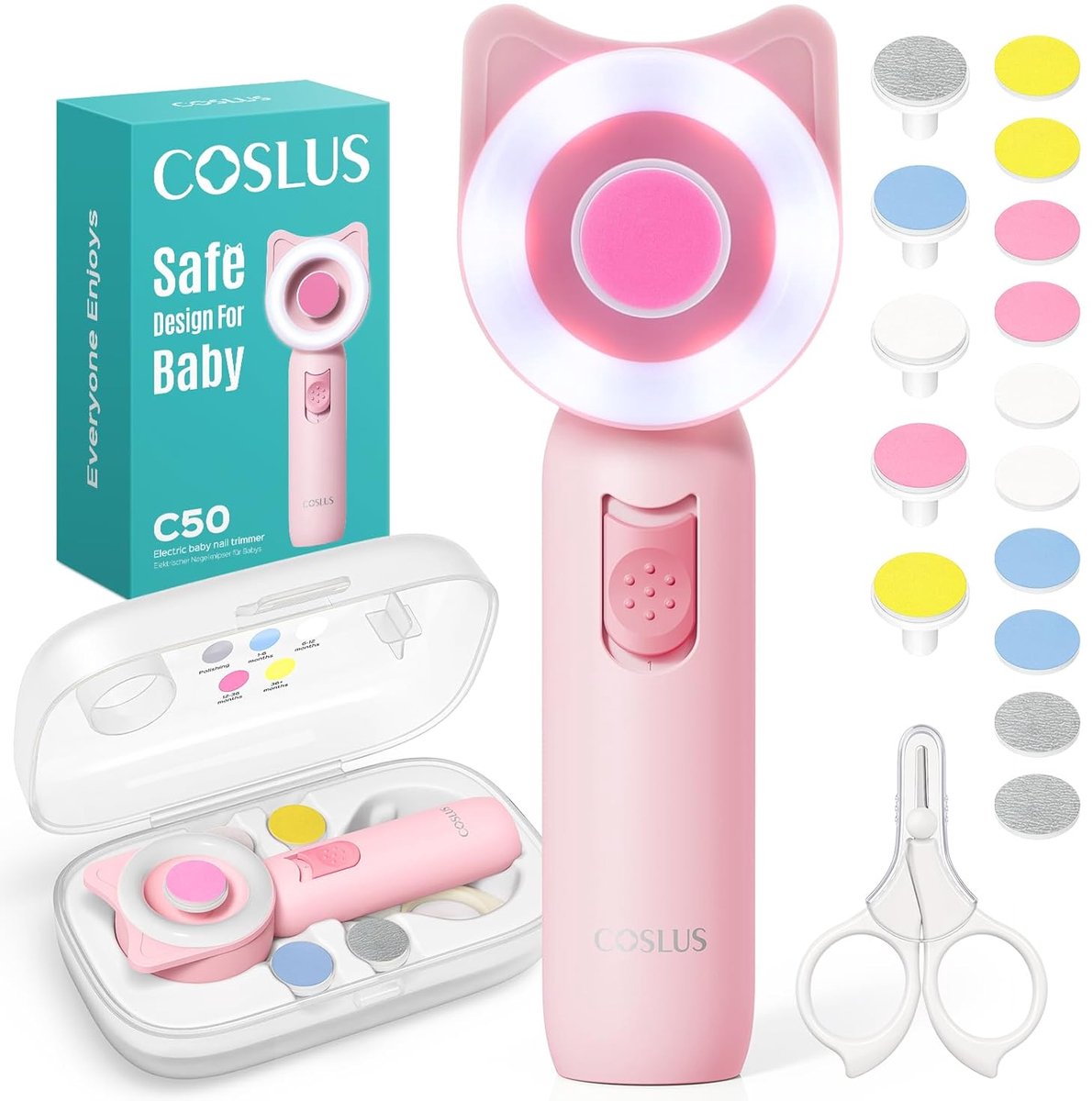 COSLUS Elektrische Baby Nagelvijl & Nageltrimmer - 16-in-1 Nagelverzorgingsset met 360° LED-Licht - Voor Pasgeborenen, Baby's & Peuters - Fluisterstil - Roze