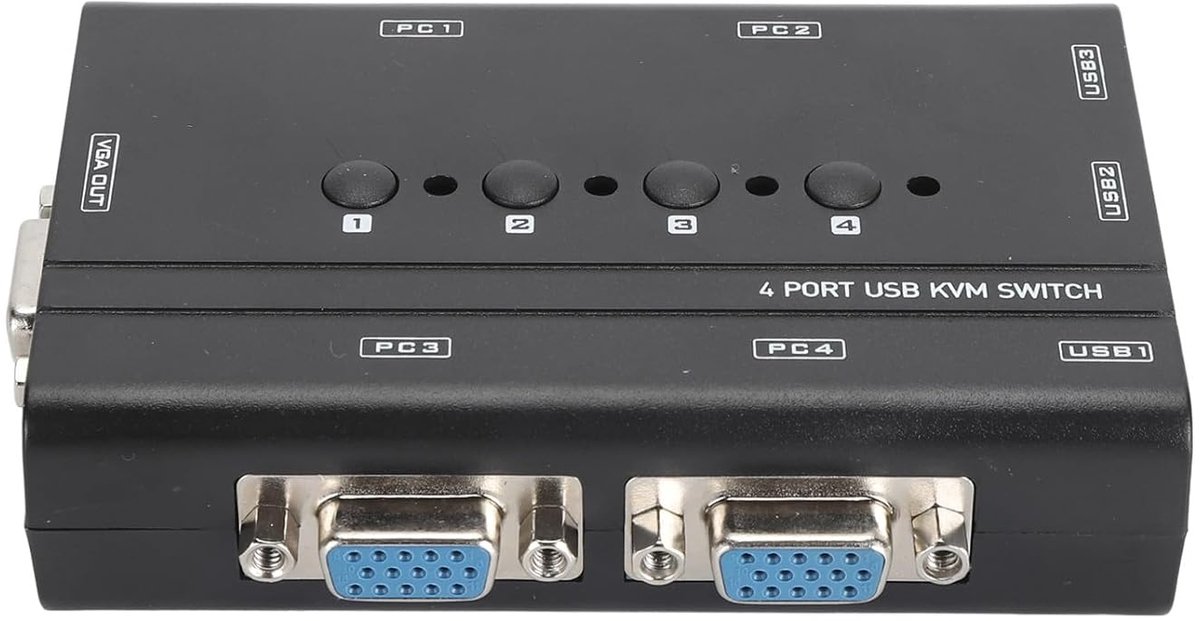 KVM Switch - 4 Poort Switcher - Computer Beheer - Plug and Play - 21 x 14 x 9 cm