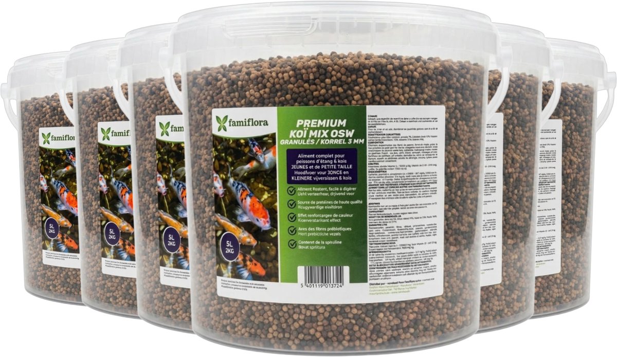 Famiflora Koi Mix OSW 12KG voer voor koivissen - 6x 5L (=30L) - 3mm Korrel - Premium Koivoer - Met Astaxanthine voor Intense Kleuren - Stimuleert gezonde groei zodat je koi groot en sterk worden