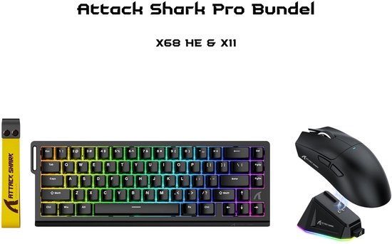 Zwart Attack Shark X68 HE toetsenbord, X11 muis, gele polsband en oplaaddock, allen met RGB.