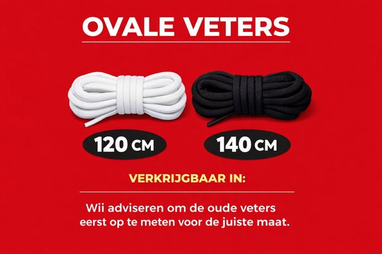 Witte en zwarte ovale veters, 120 cm en 140 cm lang. Verkrijgbaar in deze maten.